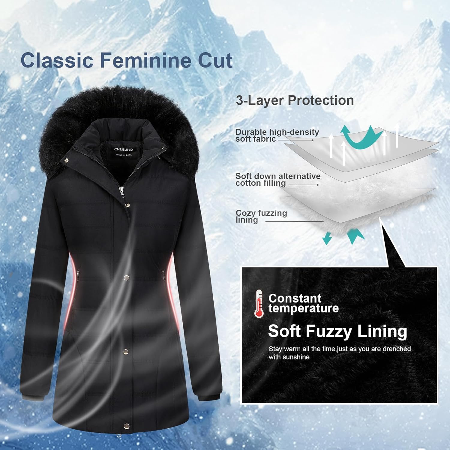 Women's Warm Winter Coat Velvet Puffer Jacket Quilted Faux Fur Hood - Image 4